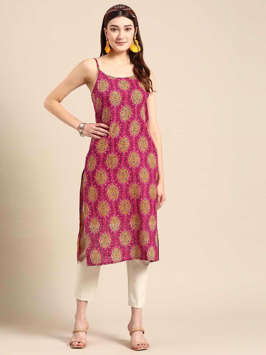 

Sangria Women Ethnic Motifs Printed Pure Cotton Kurta, Magenta