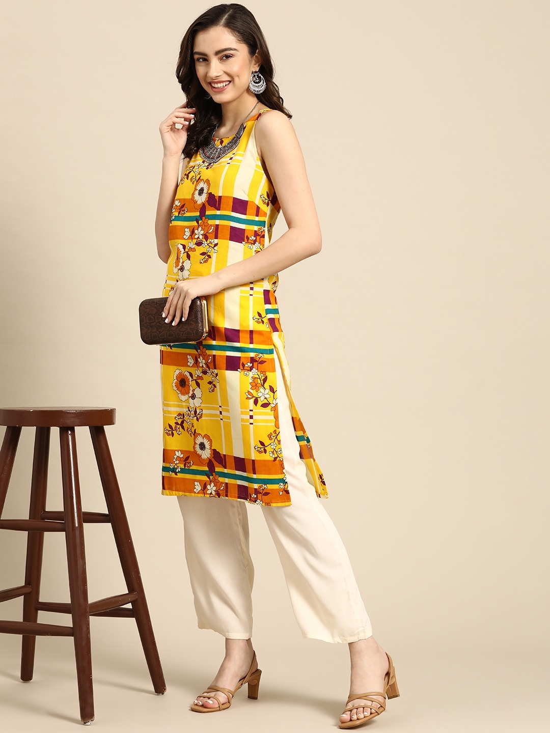 

Sangria Women Mustard Yellow & Purple Floral Printed Pure Cotton Kurta