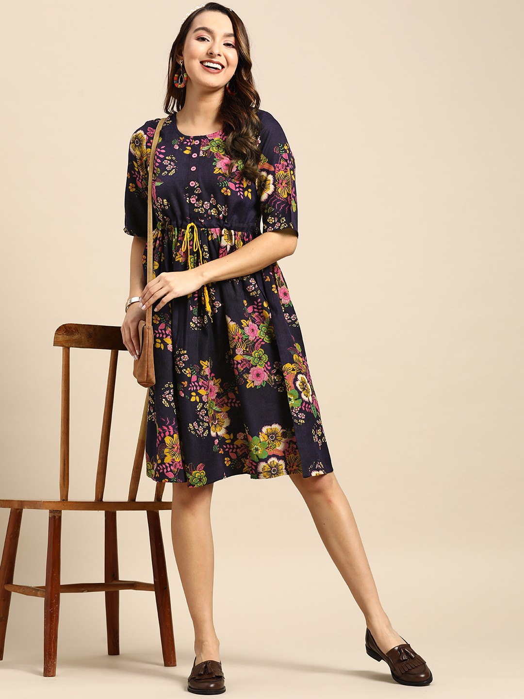 

Sangria Floral Printed Pure Cotton A-Line Dress, Purple