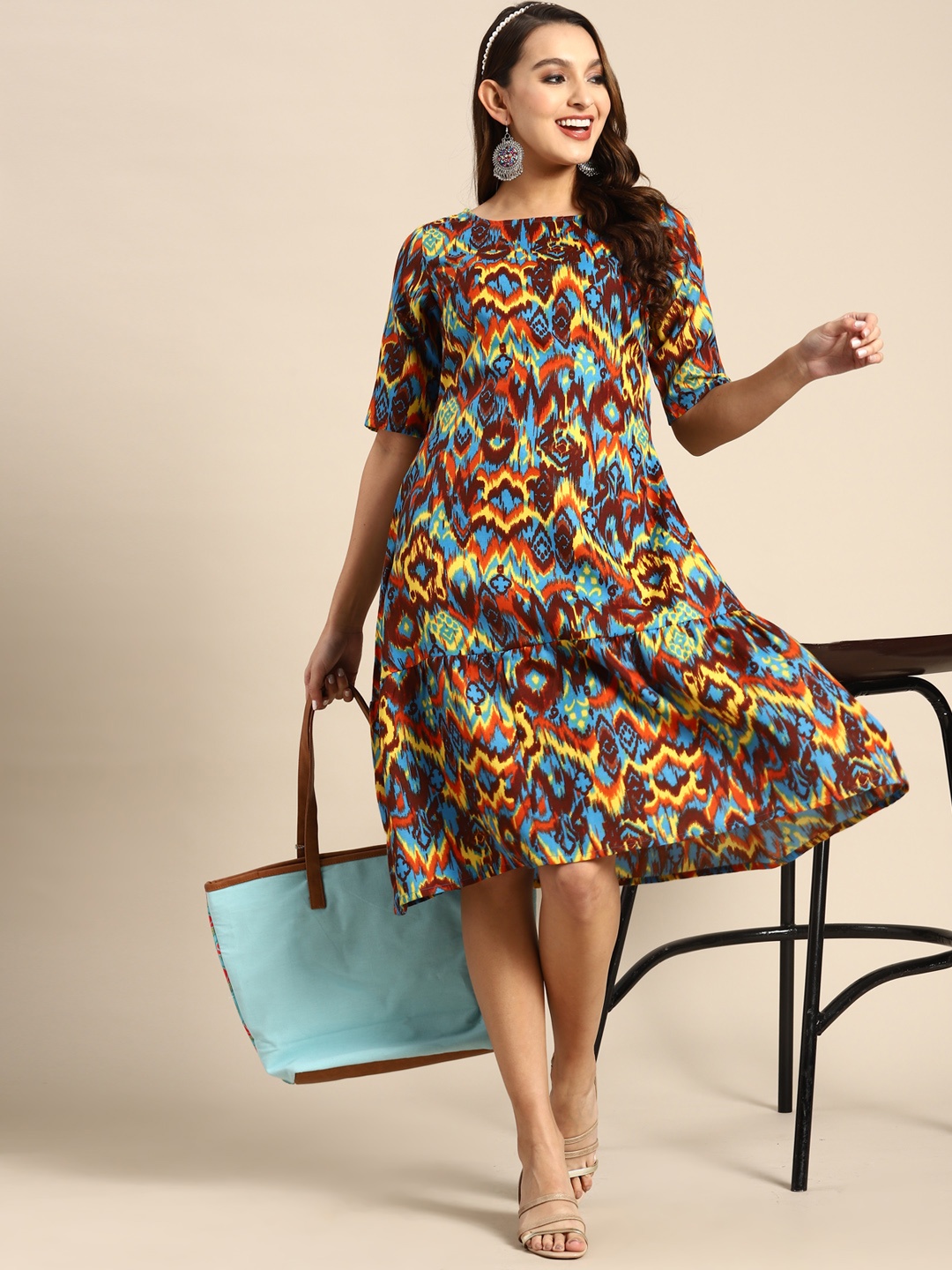 

Sangria Printed Boat Neck Drop-Waist Ethnic Dress, Blue