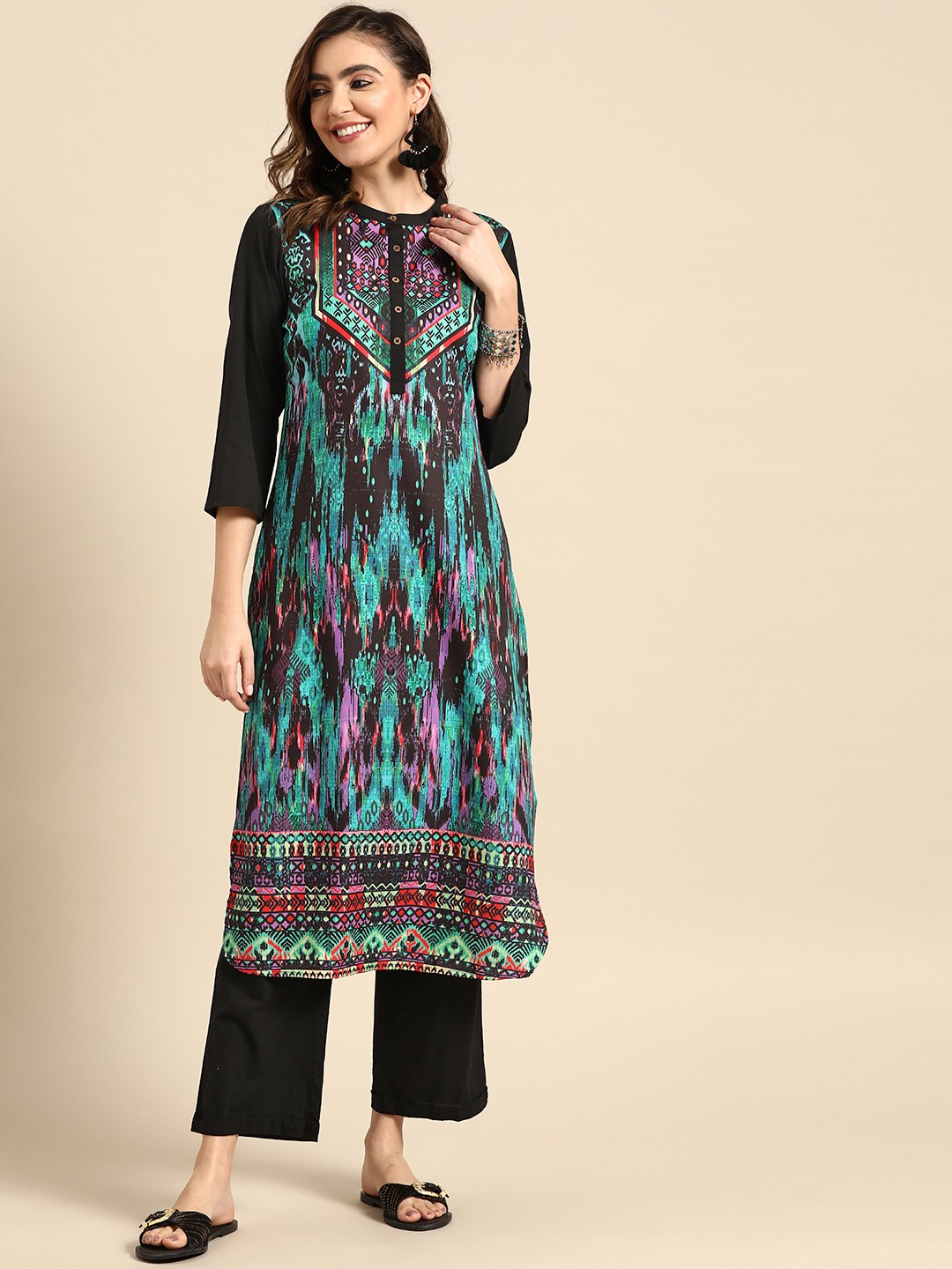 

Sangria Printed Band Collar Straight Kurta, Black