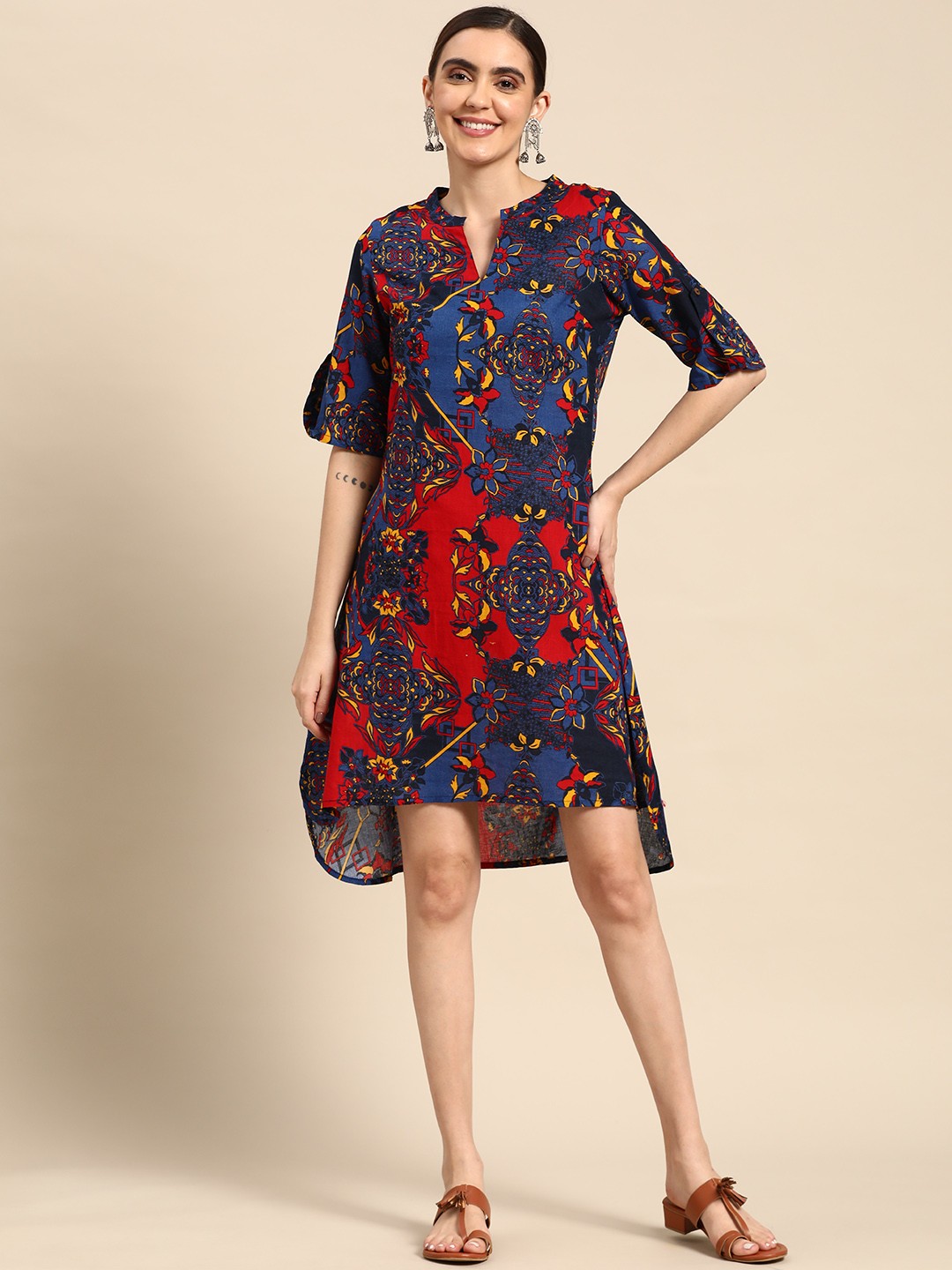 

Sangria Pure Cotton Floral Printed Ethnic A-Line Dress, Blue
