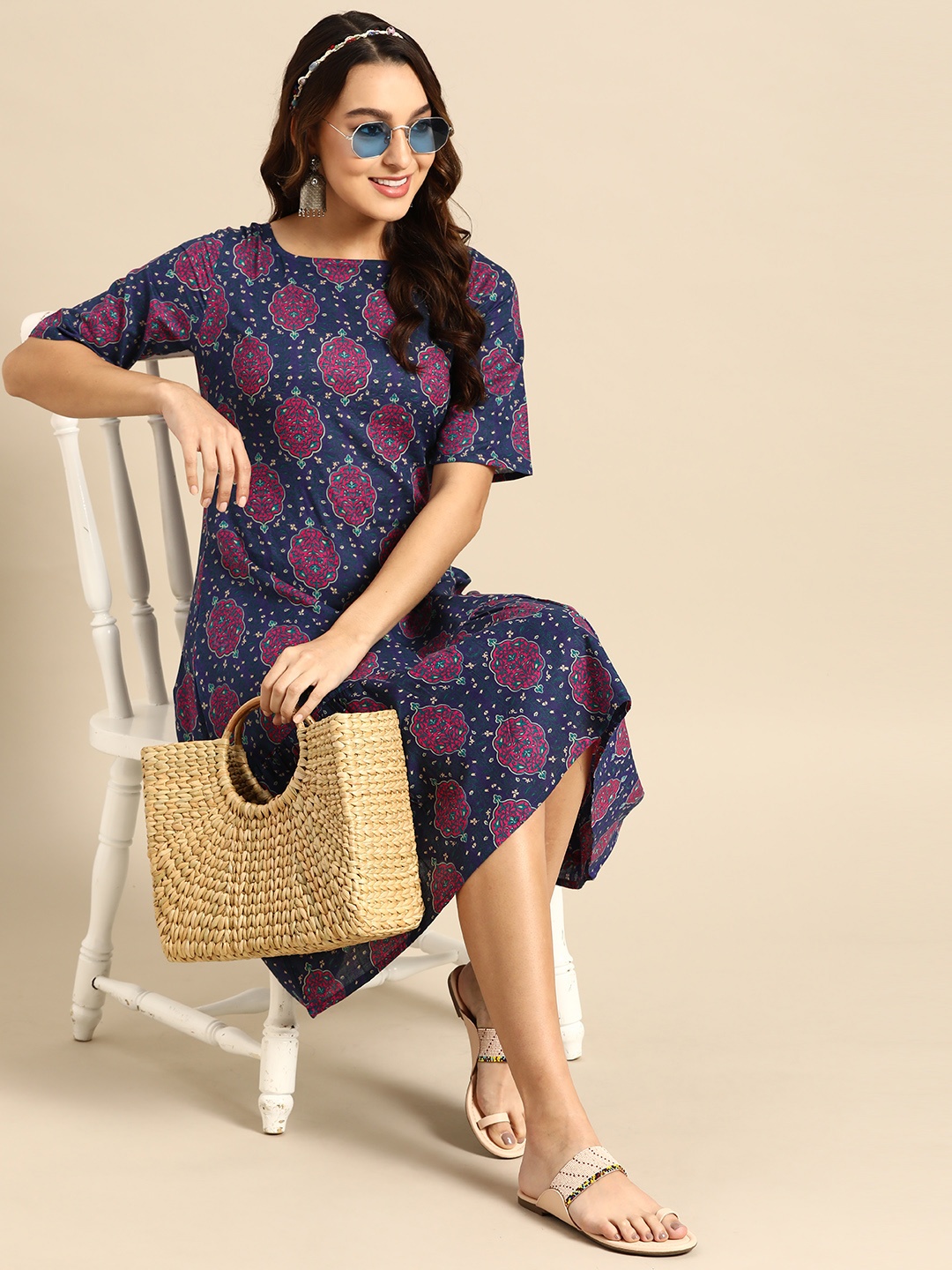 

Sangria Women Ethnic Motifs Print Pure Cotton A-Line Dress, Navy blue