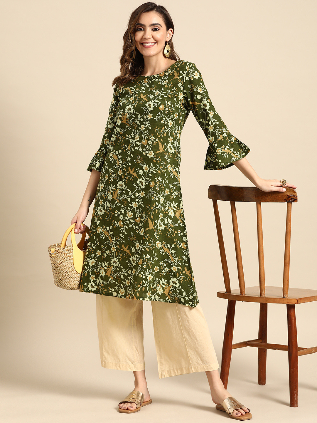 

Sangria Women Cotton Ethnic Motifs Printed Bell Sleeves Kurta, Olive