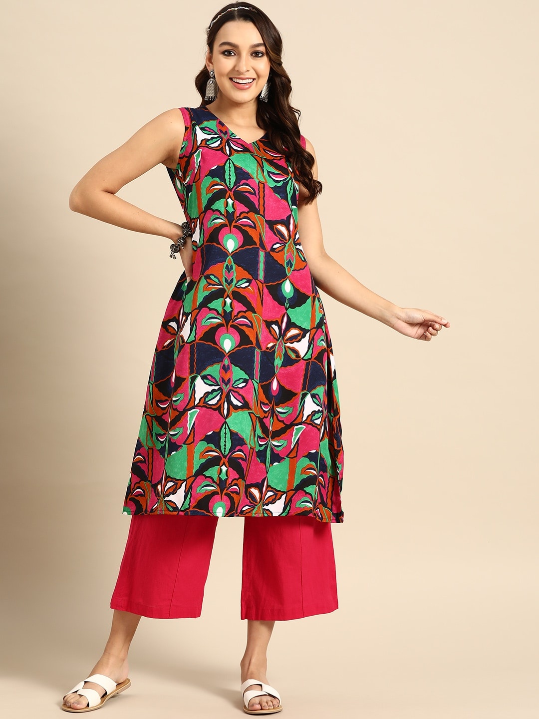 

Sangria Women Printed Kurta, Navy blue