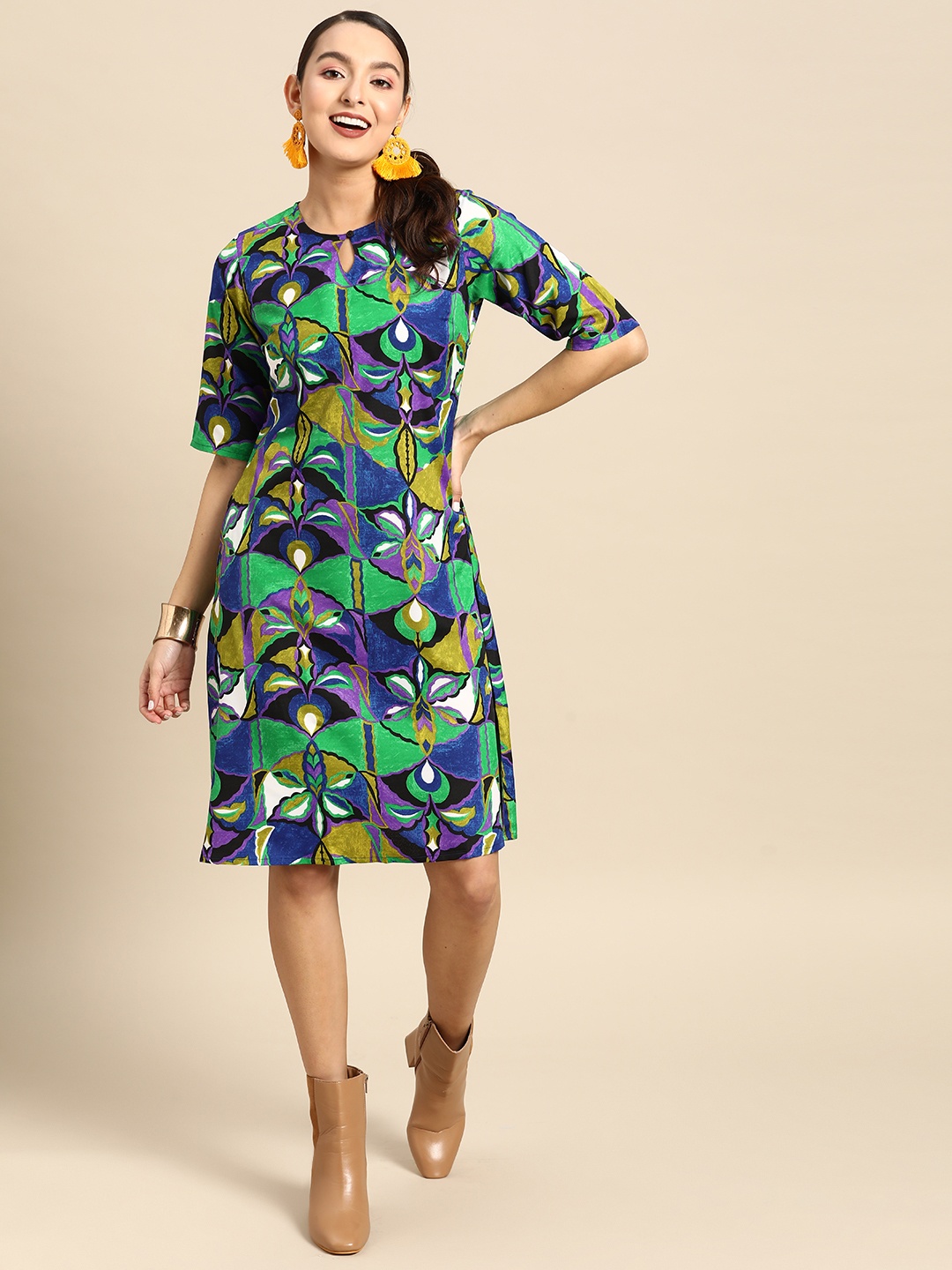 

Sangria Floral Keyhole Neck A-Line Dress, Blue