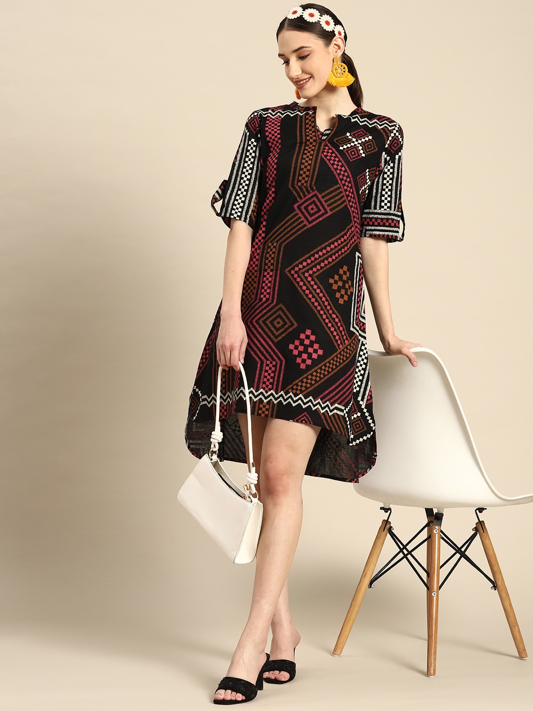 

Sangria Cotton A-Line Dress with High-Low Hems, Black