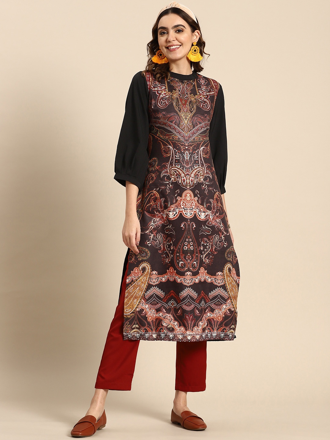 

Sangria Ethnic Motifs Print Puff Sleeves Straight Kurta, Black
