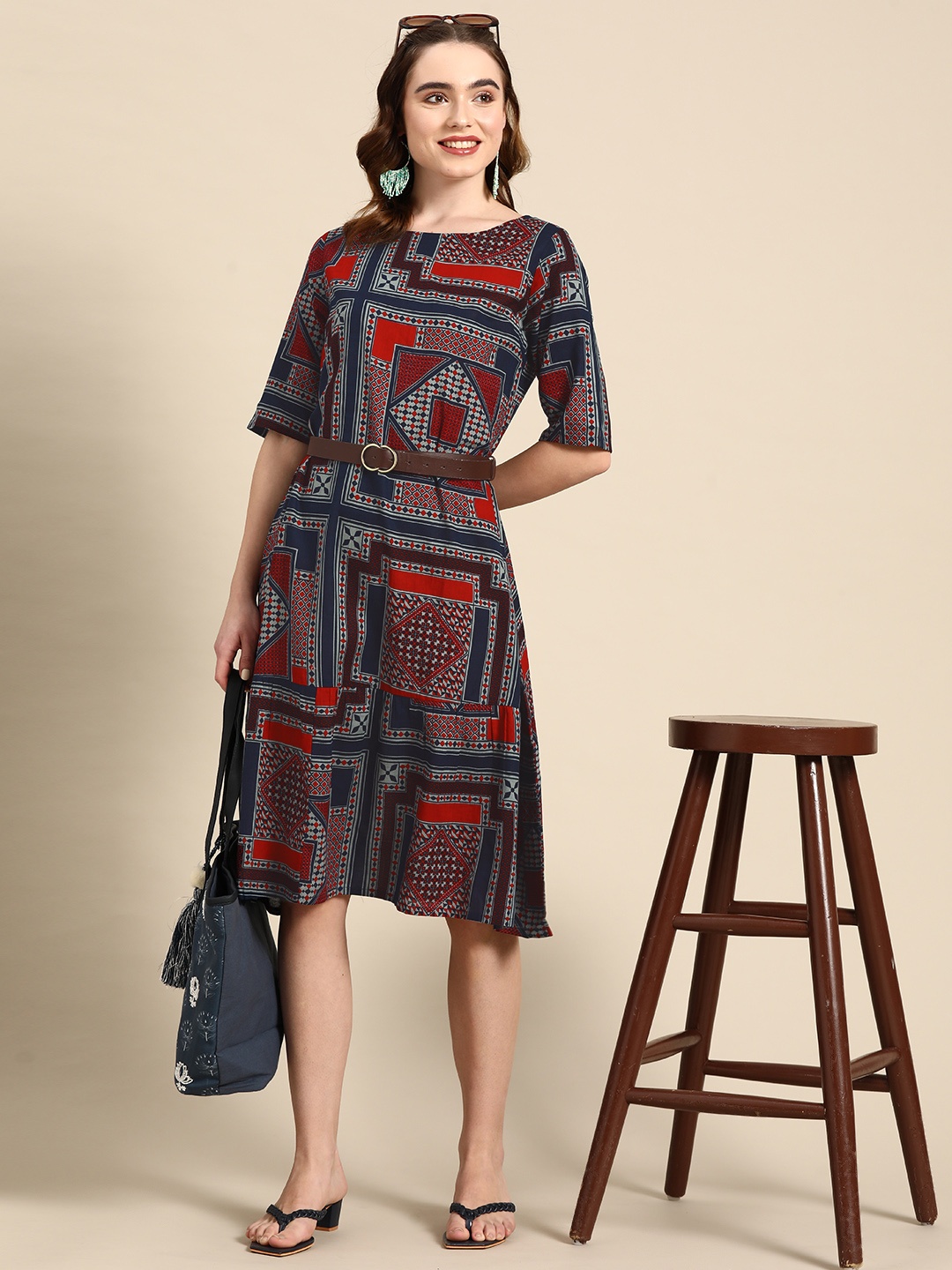 

Sangria Ethnic Motifs Printed Pure Cotton A-Line Dress, Navy blue