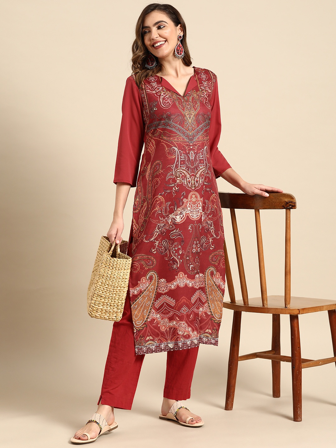 

Sangria Women Ethnic Motifs Printed Kurta, Maroon