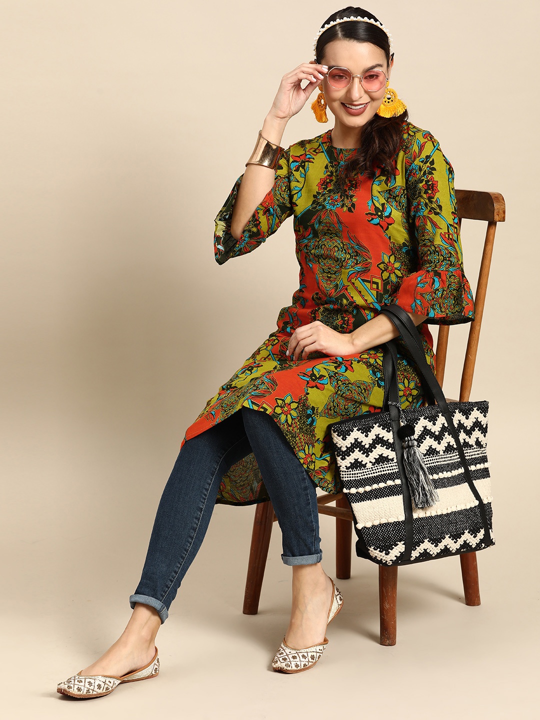 

Sangria Women Pure Cotton Floral Printed Bell Sleeves A-line Kurta, Green