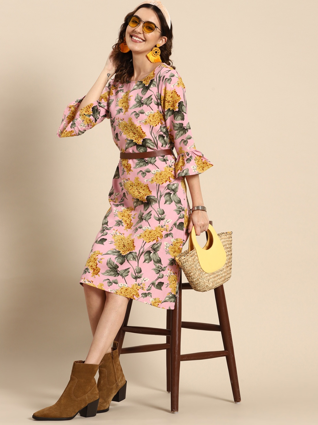 

Sangria Floral Print Knee Length A-Line Ethnic Dress, Pink