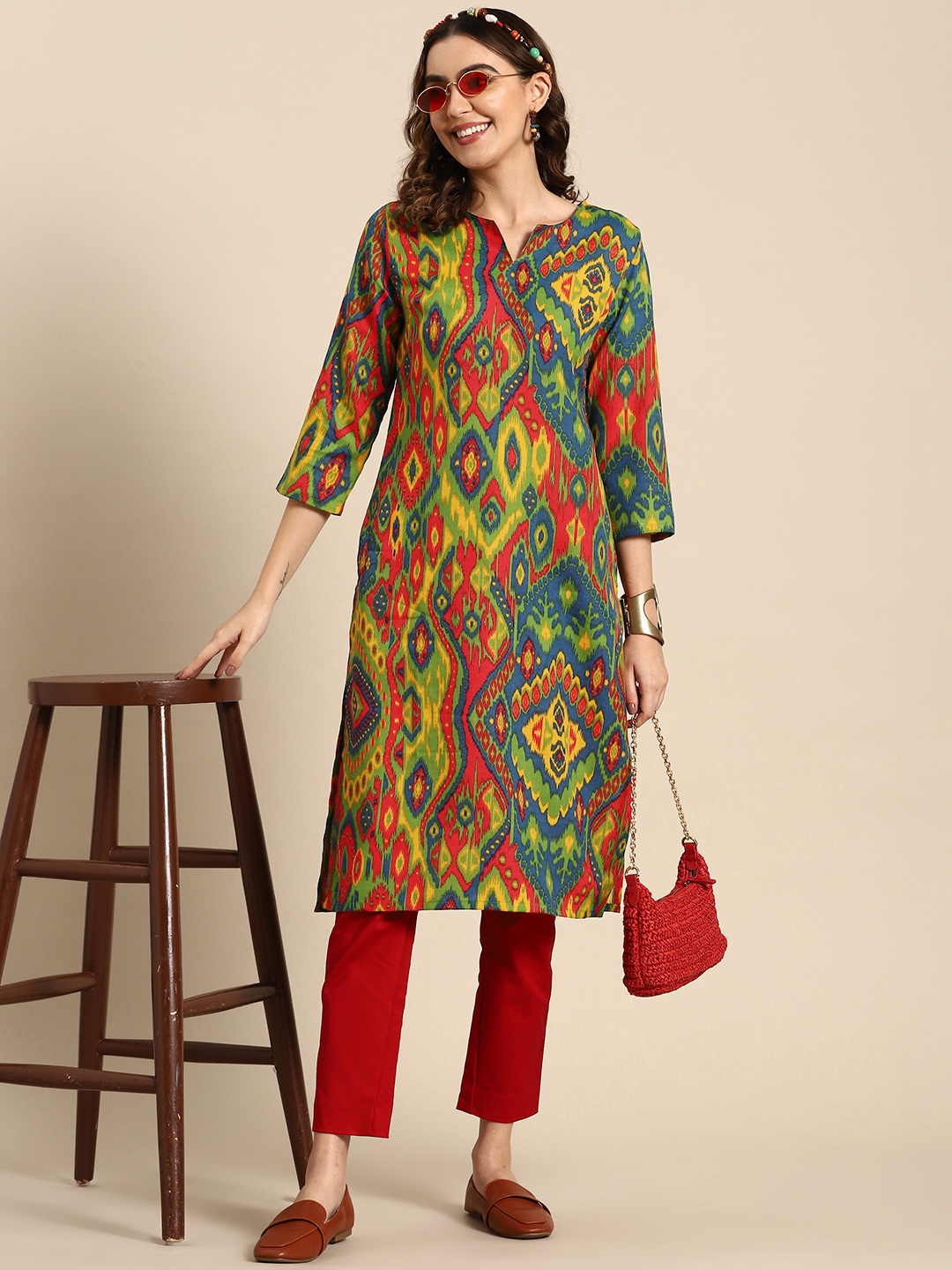 

Sangria Abstract Print Knee Length Straight Kurta, Green