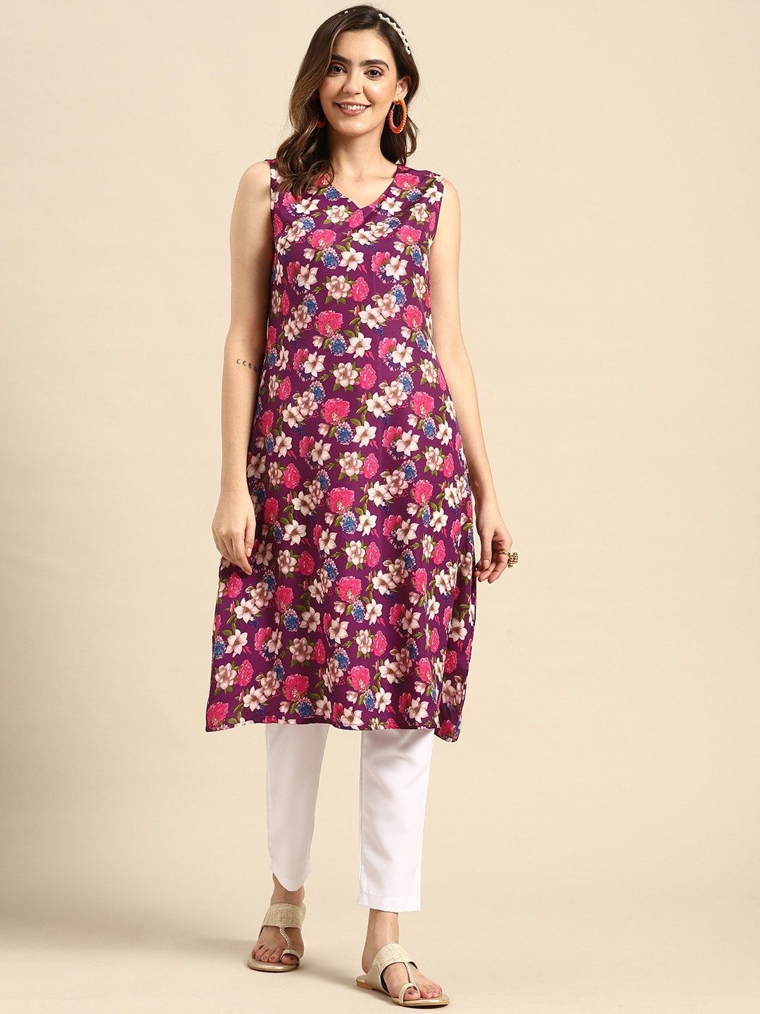 

Sangria Women Floral Printed A-Line Sleeveless Kurta, Purple