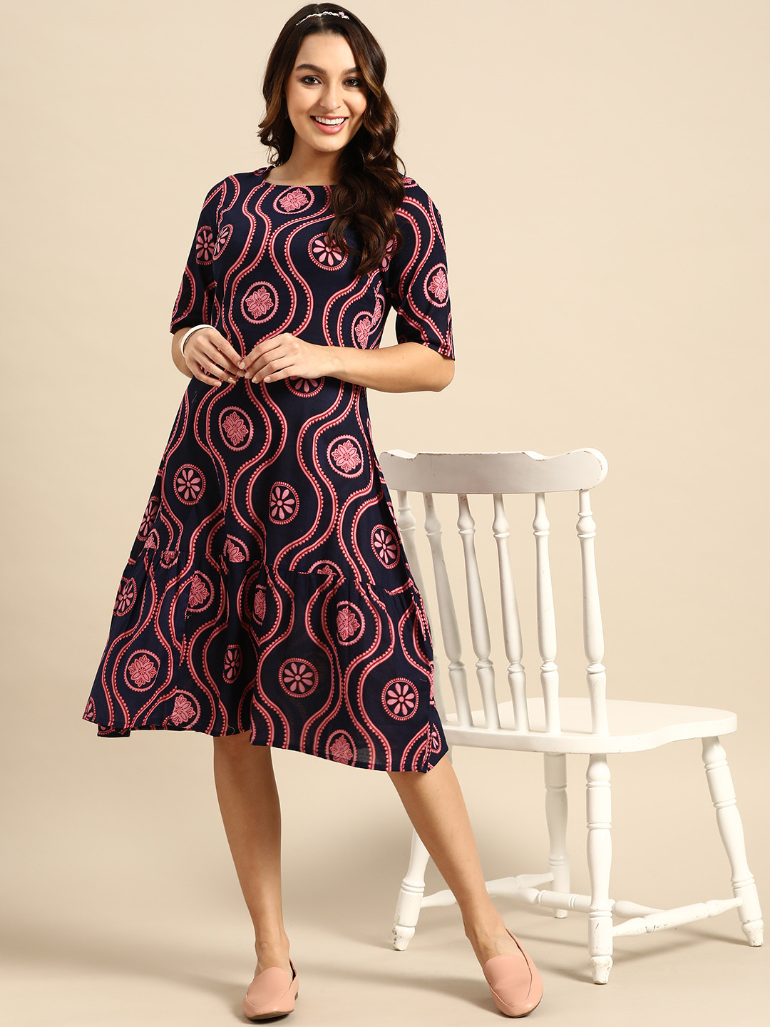 

Sangria Pure Cotton Ethnic Motifs Print A-Line Dress, Navy blue