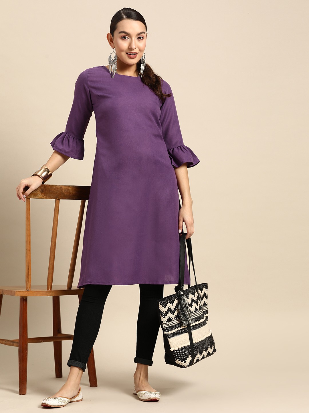 

Sangria Women Bell Sleeves A-line Kurta, Purple