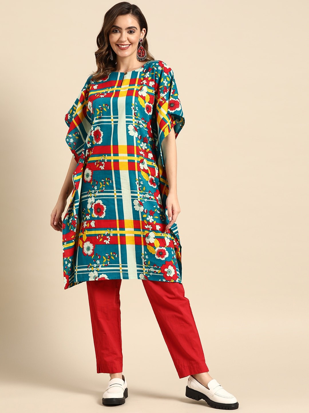 

Sangria Women Cotton Floral Print Keyhole Neck Extended Sleeves Kaftan Kurta, Blue