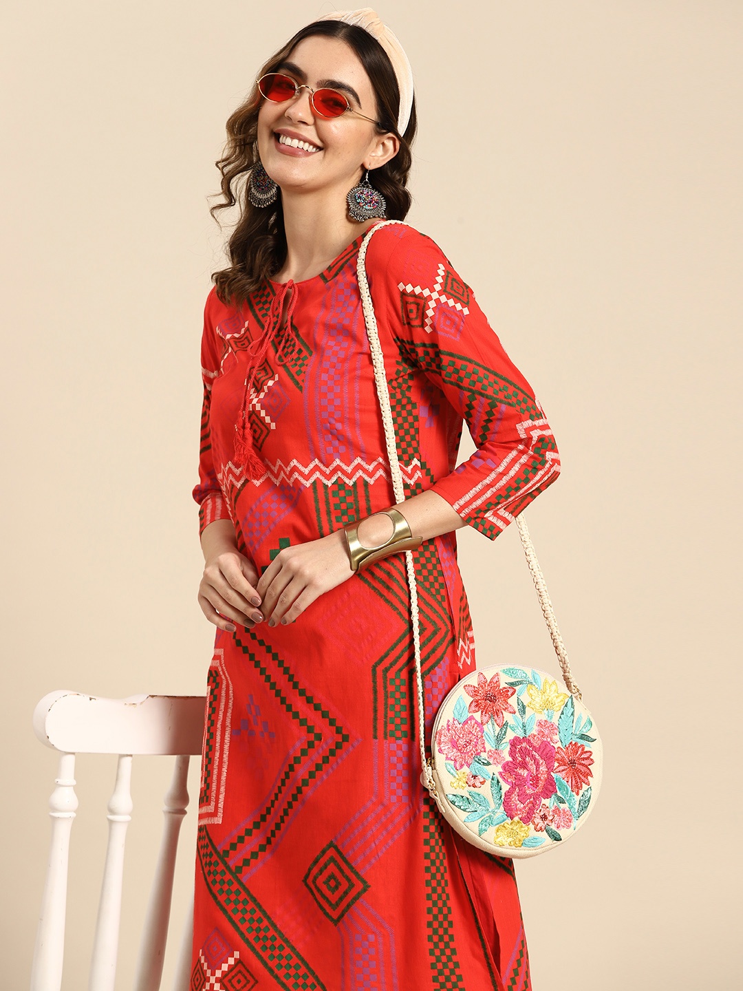 

Sangria Geometric Print Pure Cotton Kurta with Trousers, Red