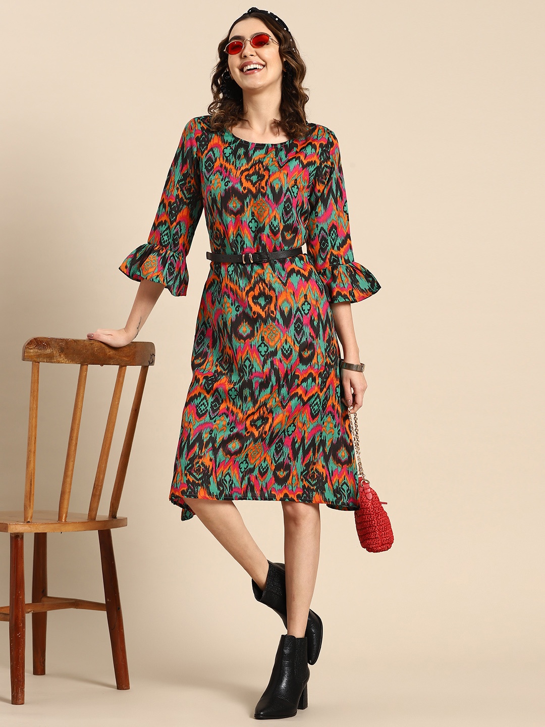 

Sangria Abstract Print Knee Length A-Line Ethnic Dress, Black