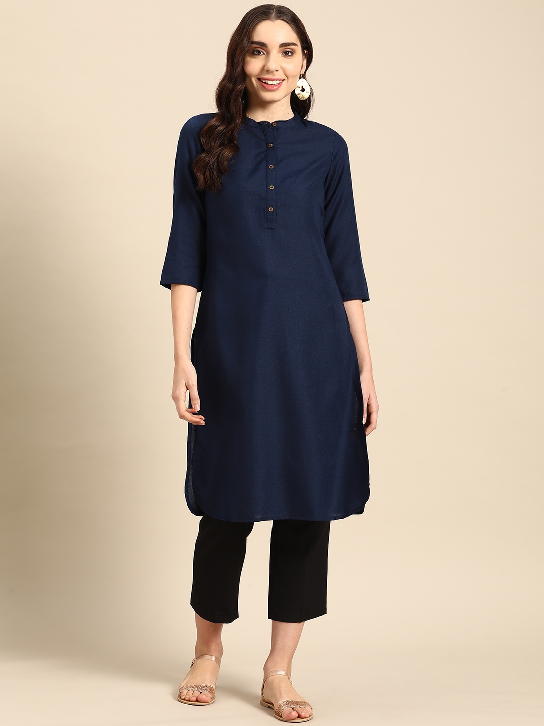 

Sangria Women Band Collar Straight Kurta, Navy blue