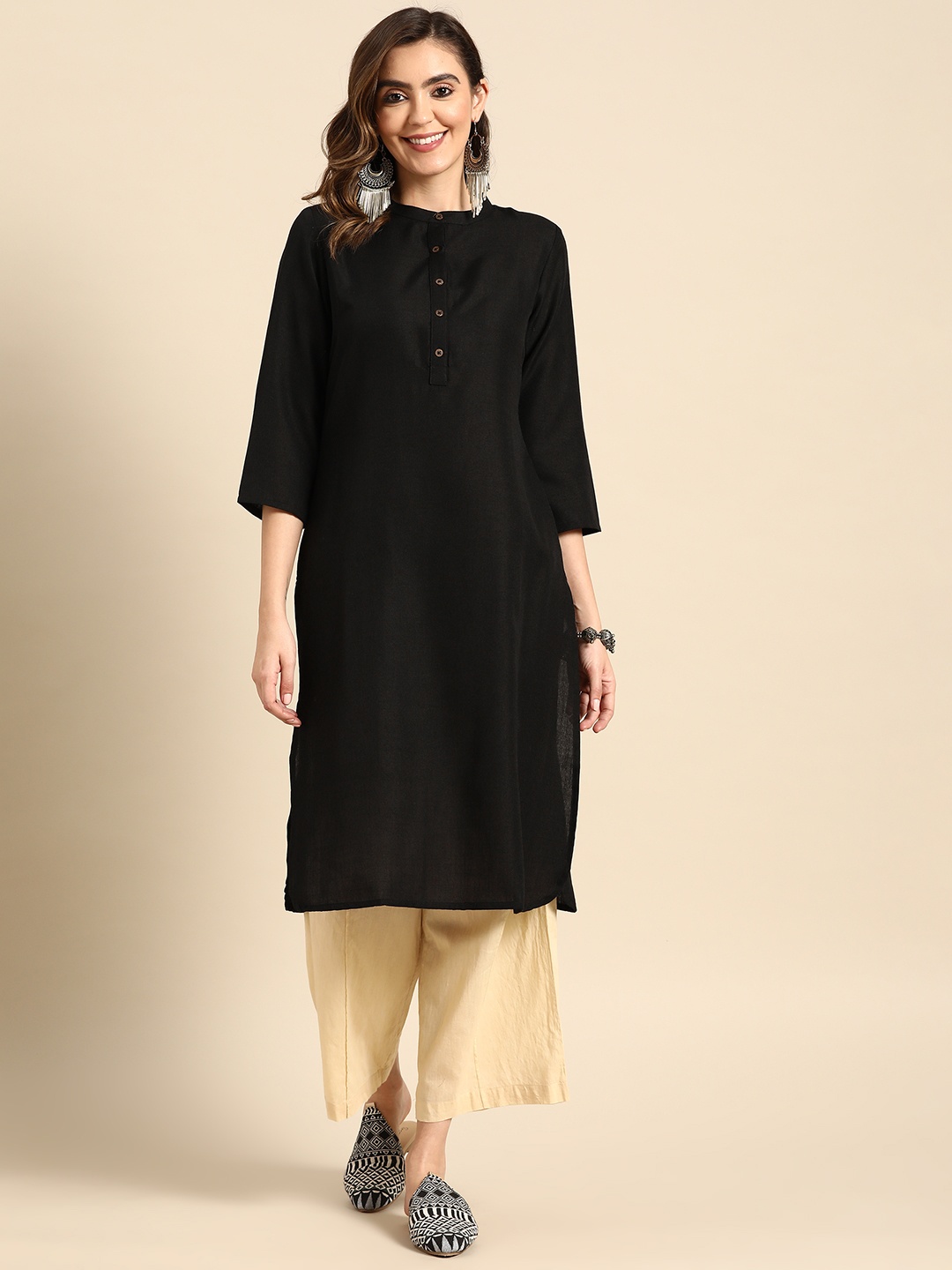 

Sangria Band Collar Straight Kurta, Black