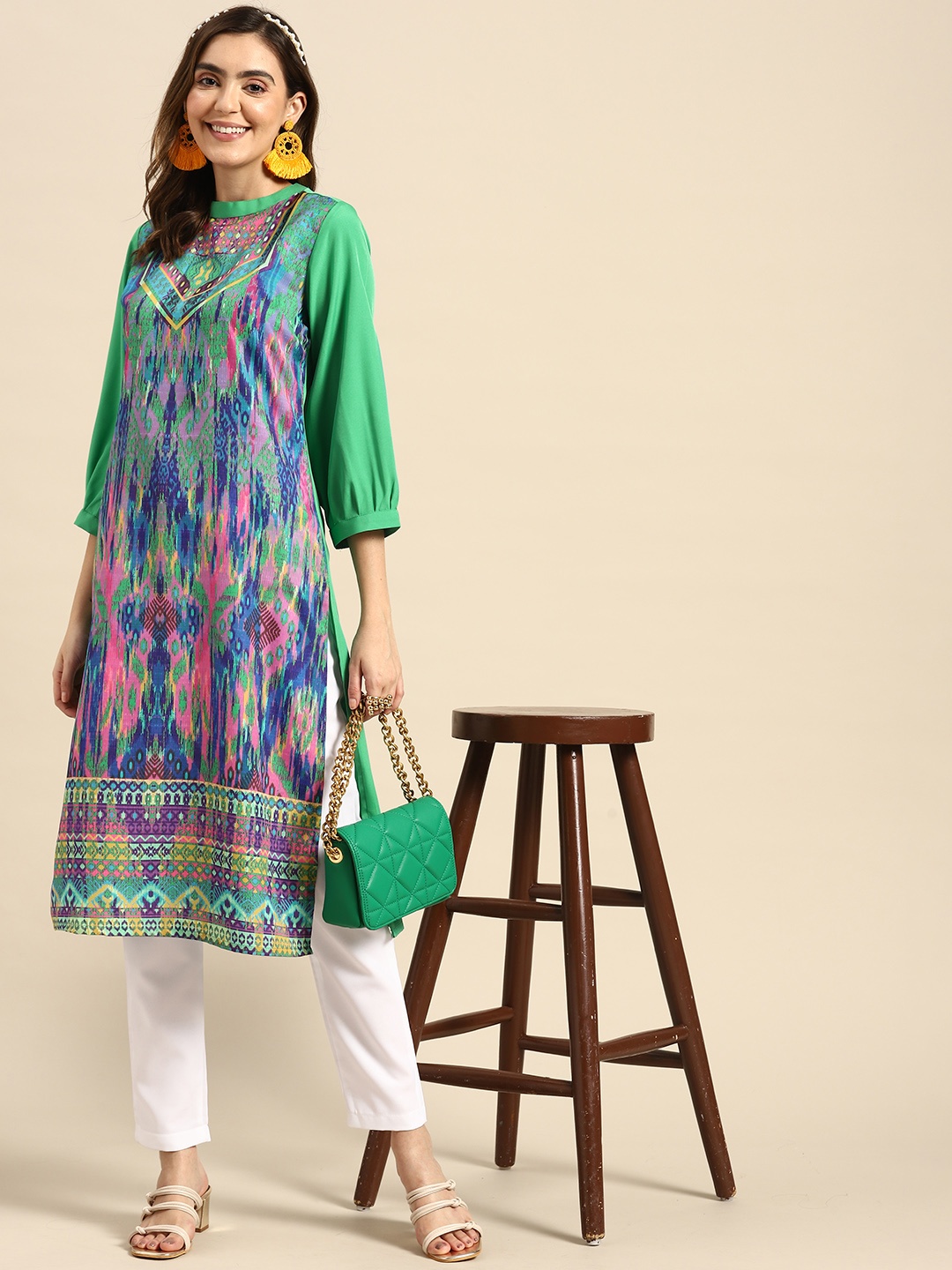 

Sangria Women Abstract Printed A-Line Kurta, Green