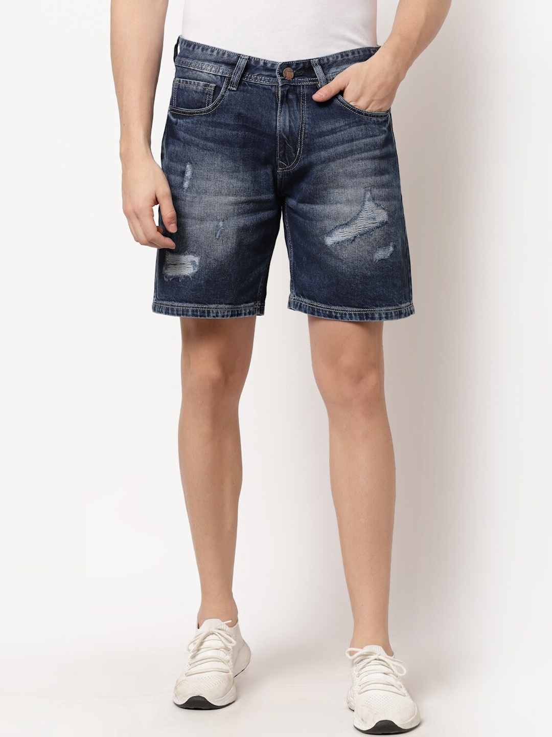 

FEVER Men Blue Washed Printed Denim Shorts