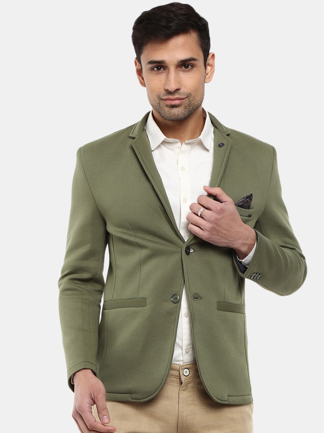 

V-Mart Men Olive Green Solid Single-Breasted Regular-Fit Formal Blazer