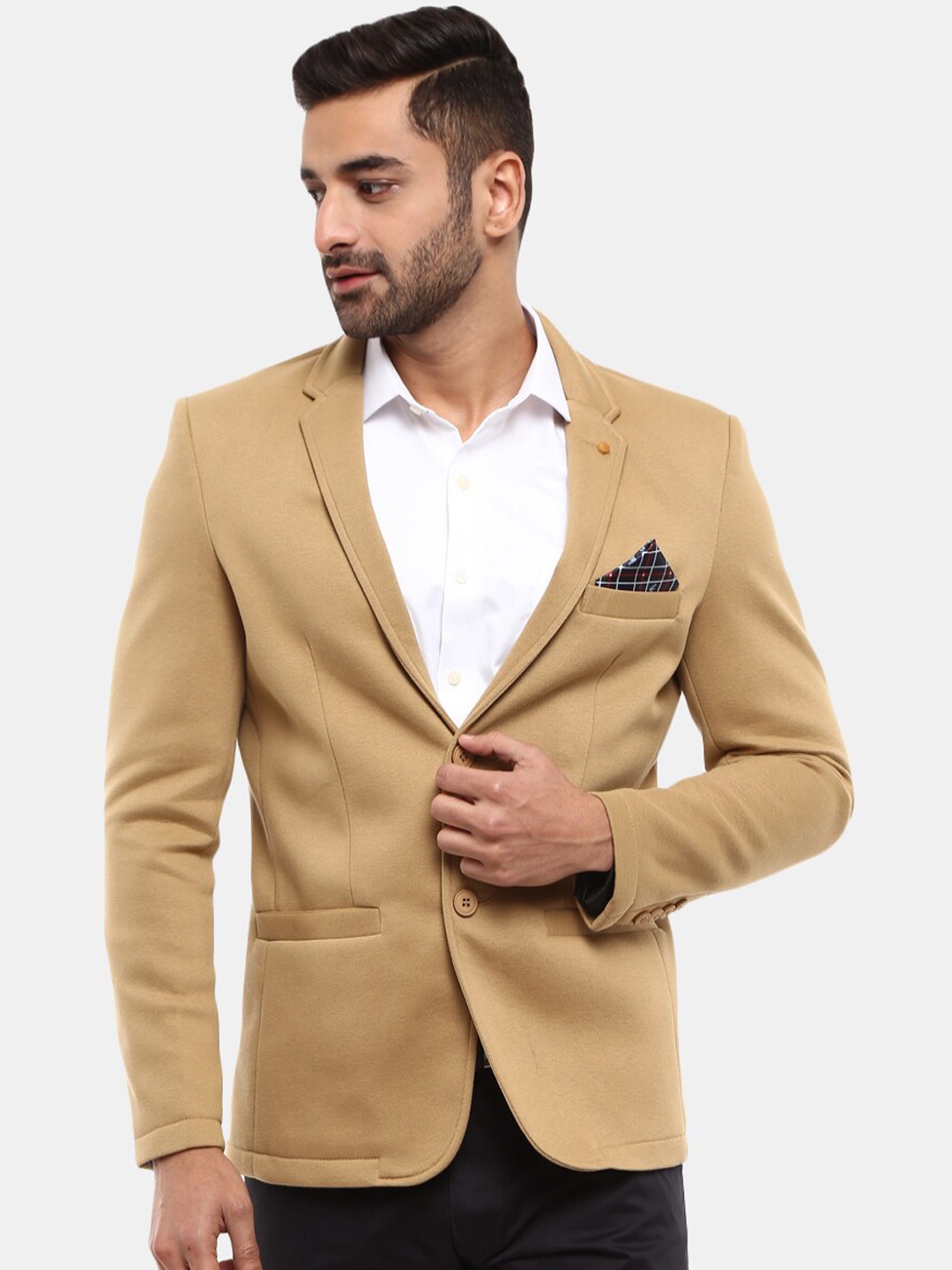 

V-Mart Men Khaki Beige Colored Solid Single-Breasted Regular-Fit Formal Blazer