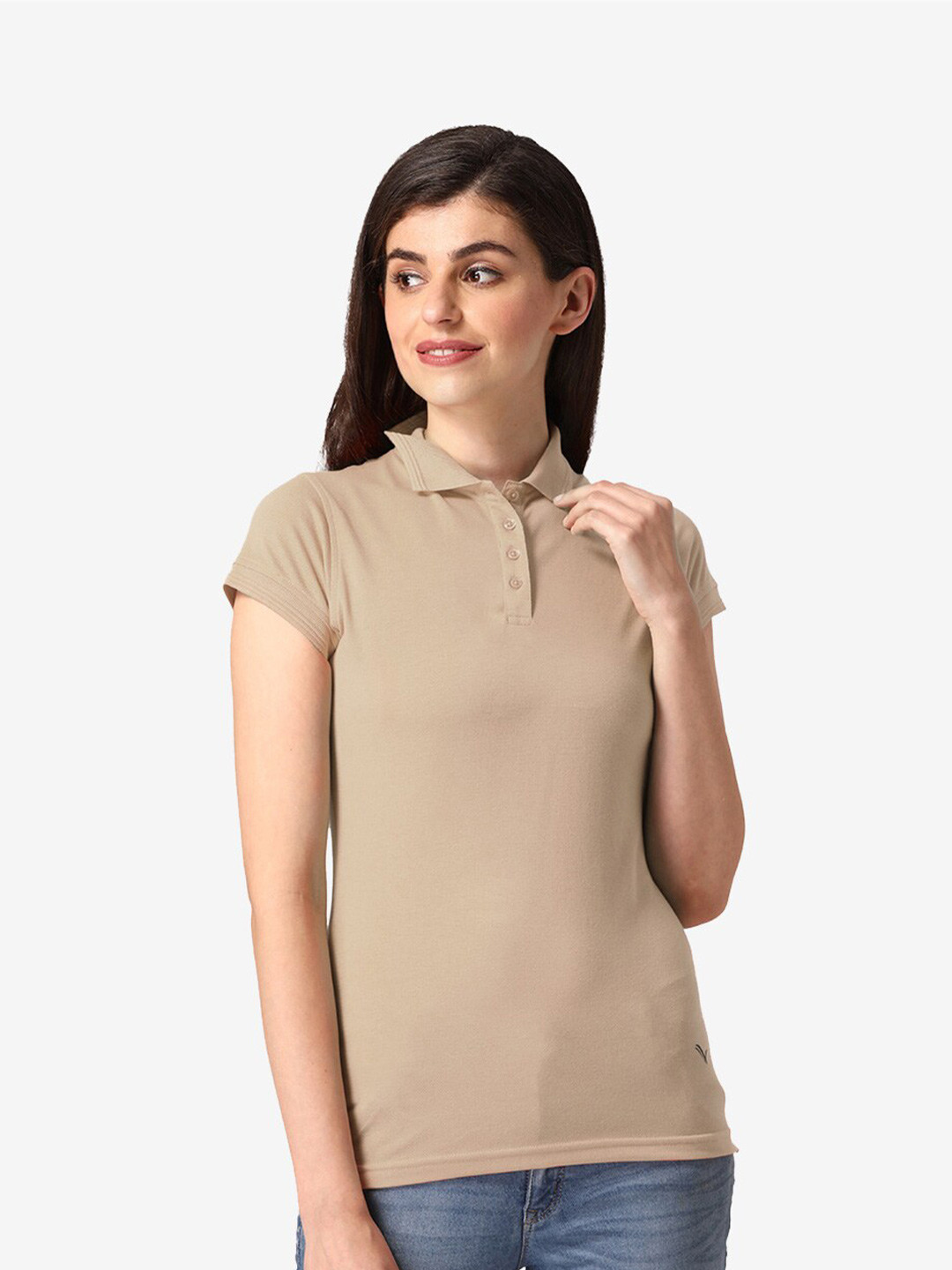 

Vami Women Beige Polo Collar Linen Blend T-shirt