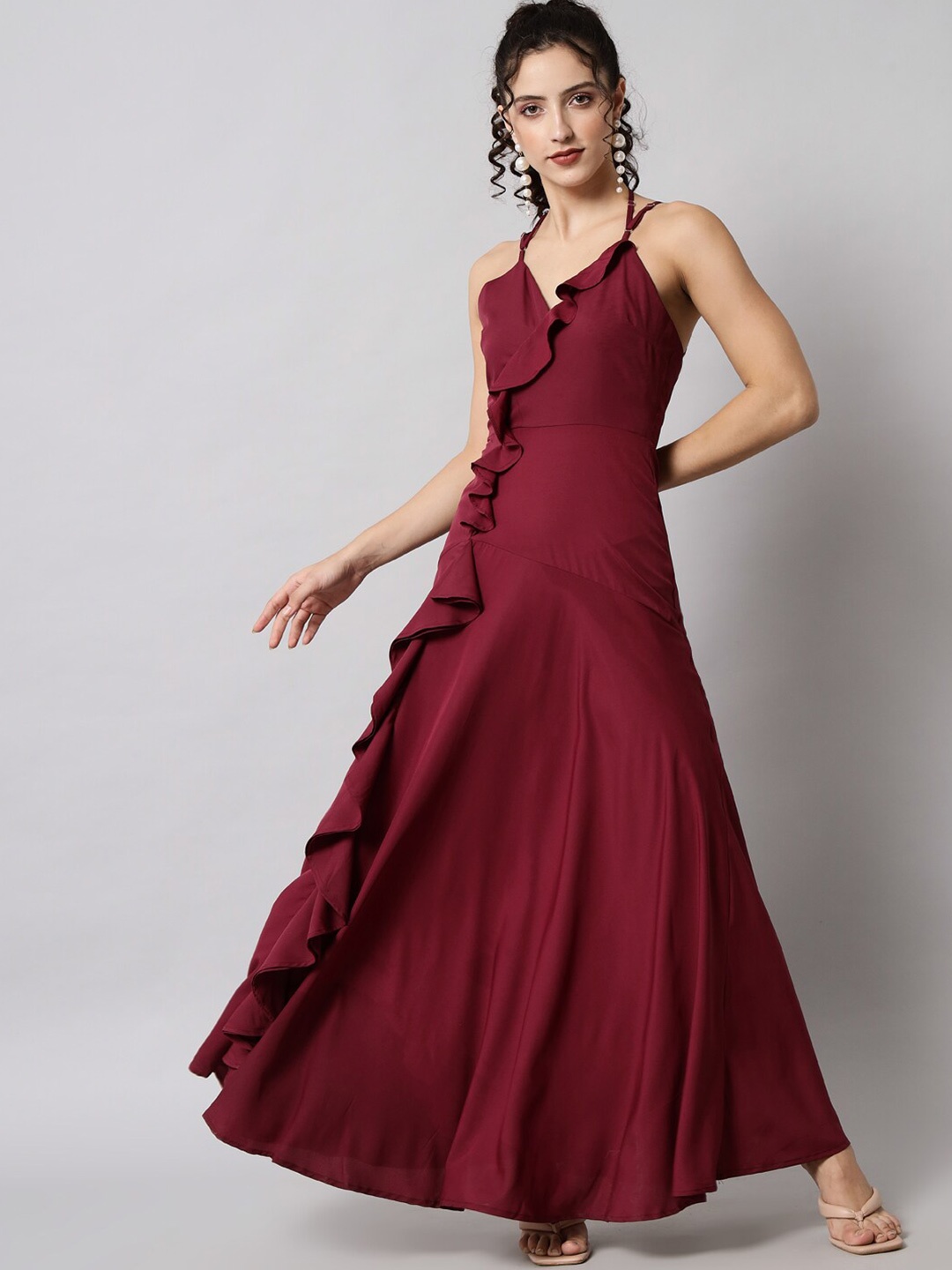 

Emeros Burgundy Crepe Stylized Back Ruffles Layered Maxi Dress