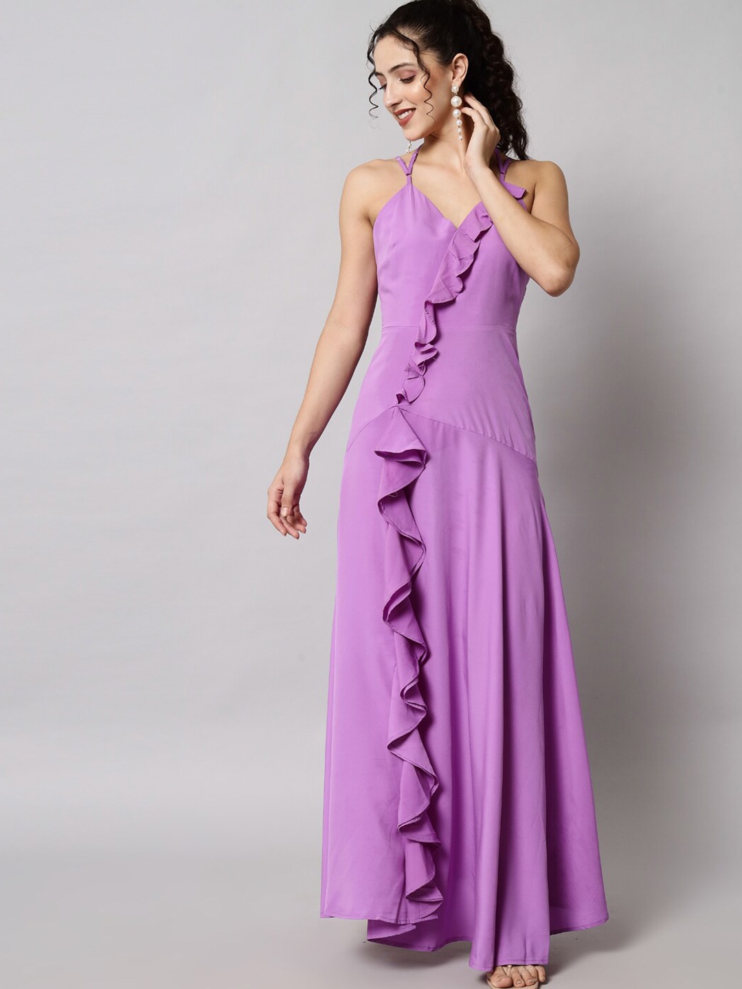 

Emeros Lavender Crepe Ruffled Backless Maxi Dress