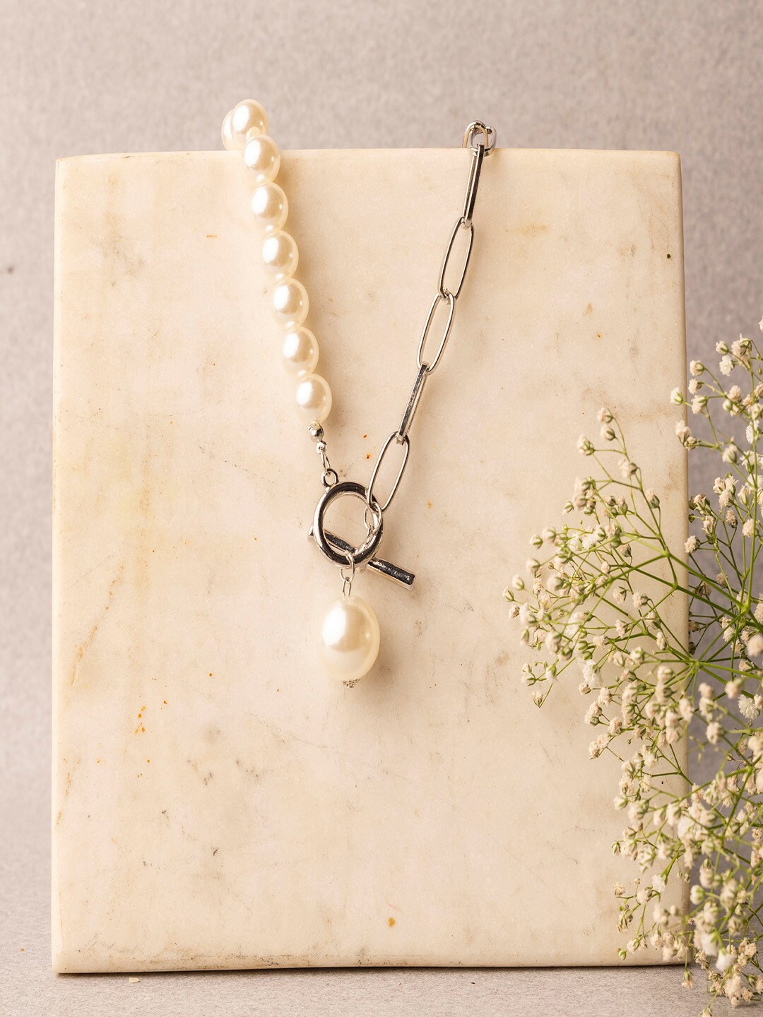 

Jewelz Silver-Toned & White Silver-Plated Layered Necklace