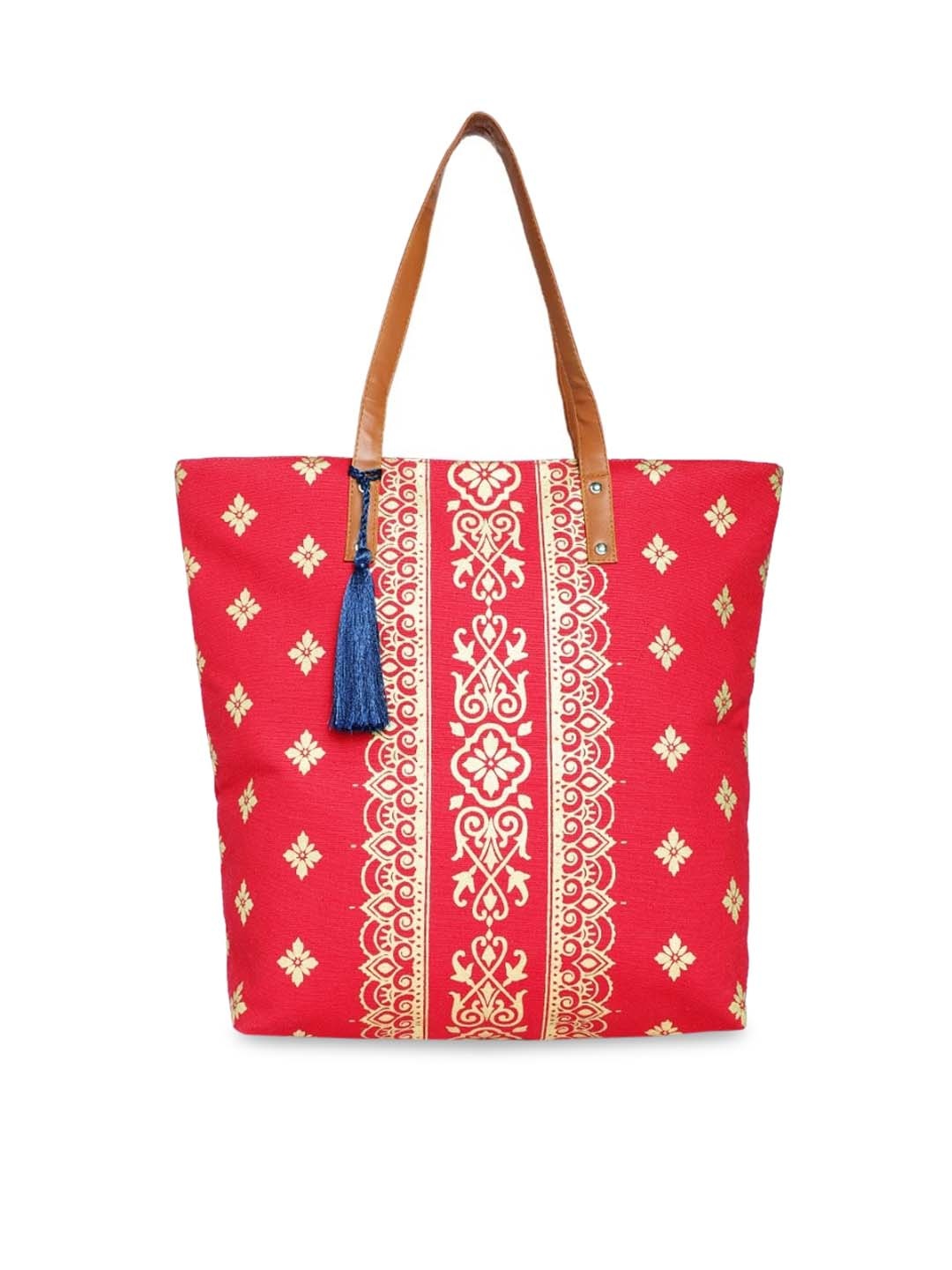

Kanvas Katha Red Floral Printed Oversized Shopper Tote Bag with Tasselled