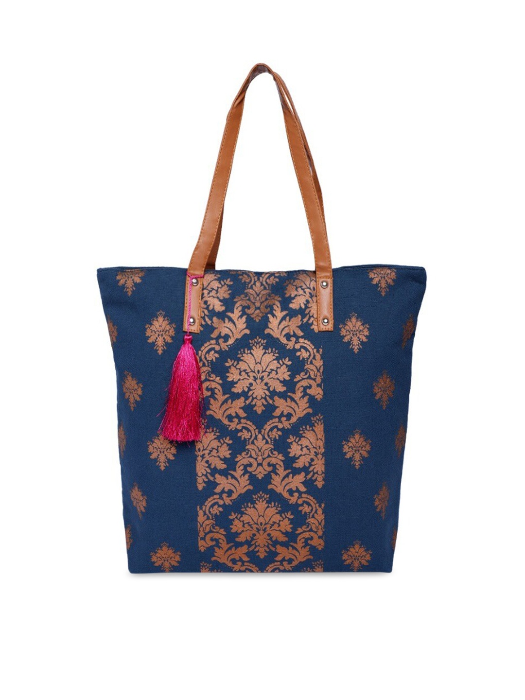 

Kanvas Katha Navy Blue Ethnic Motifs Oversized Shopper Tote Bag with Tasselled
