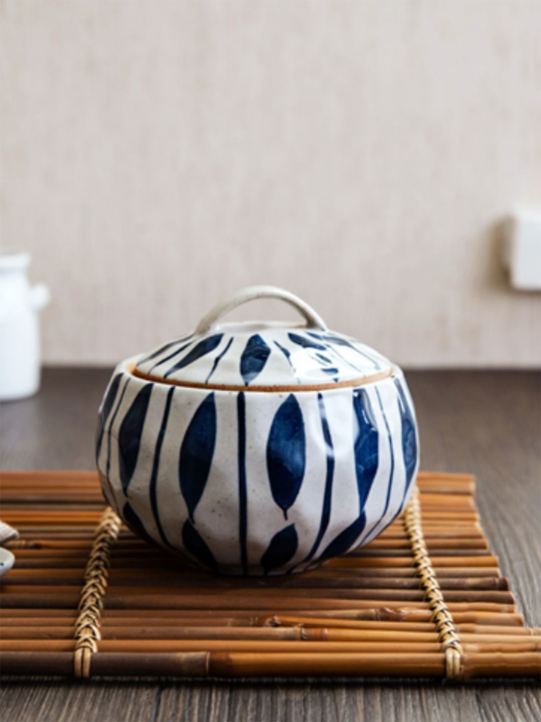 

Nestasia White & Blue Printed Ceramic Glossy Vintage Pot with Lid