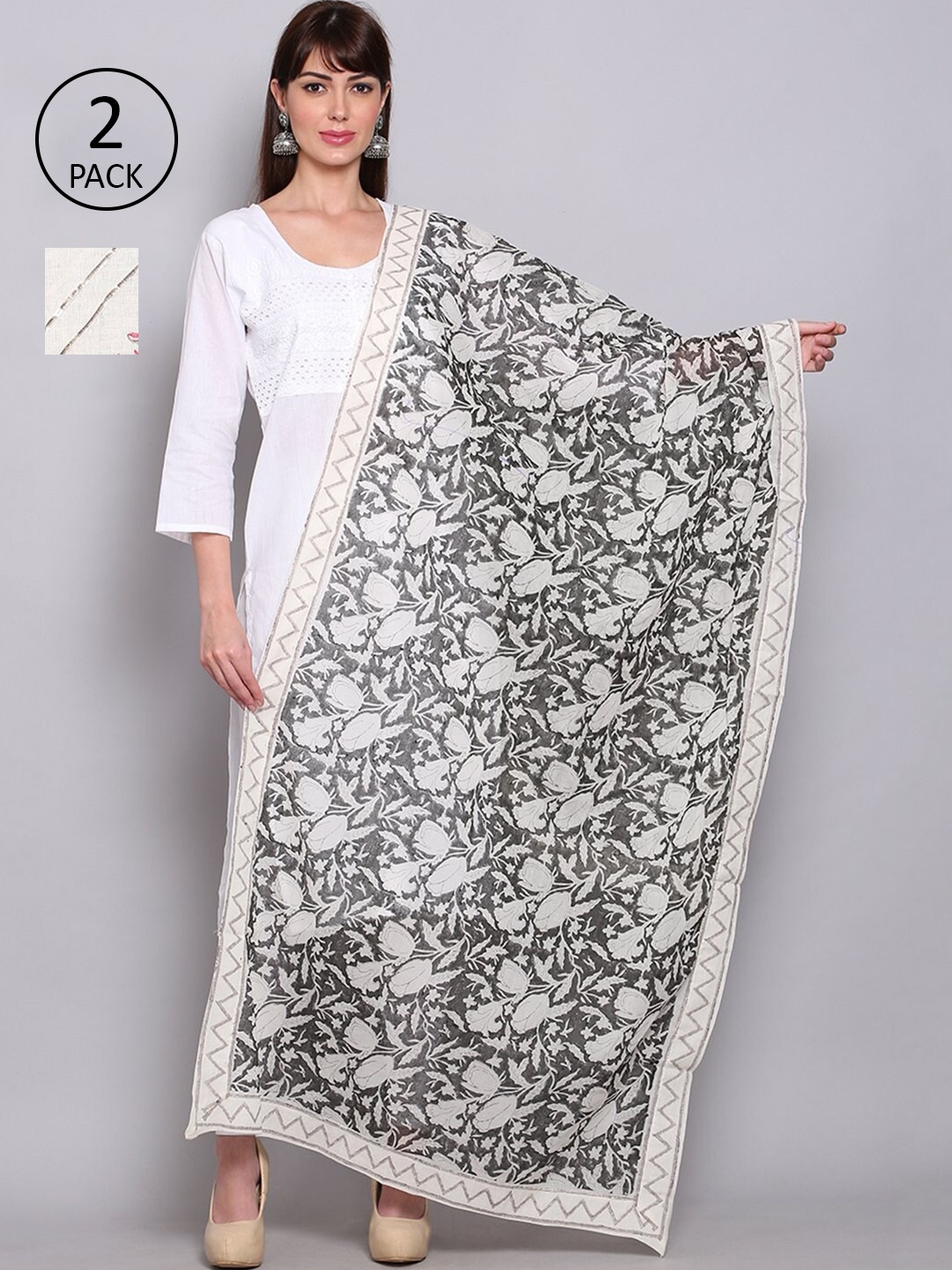 

Miaz Lifestyle Women White & Grey Ethnic Motifs Printed Dupatta