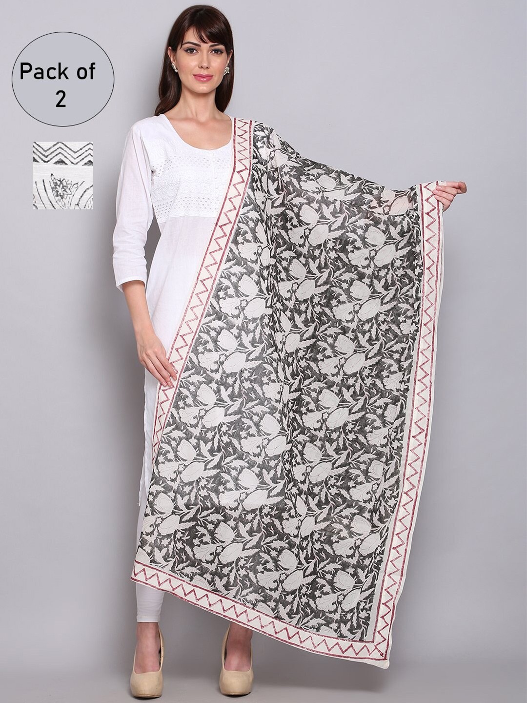 

Miaz Lifestyle Pack of 2 White & Grey Printed Kalamkari Dupatta