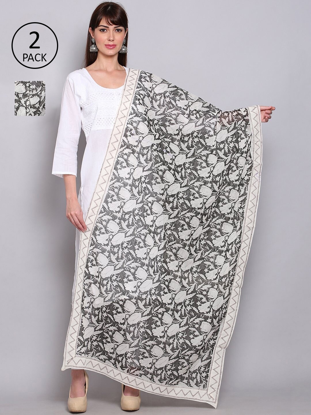 

Miaz Lifestyle White & Grey Pack of 2 Printed Kalamkari Dupatta