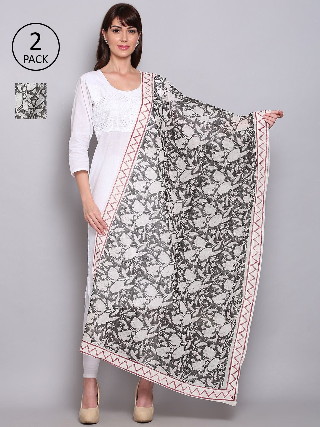 

Miaz Lifestyle White & Grey Pack of 2 Printed Kalamkari Dupatta