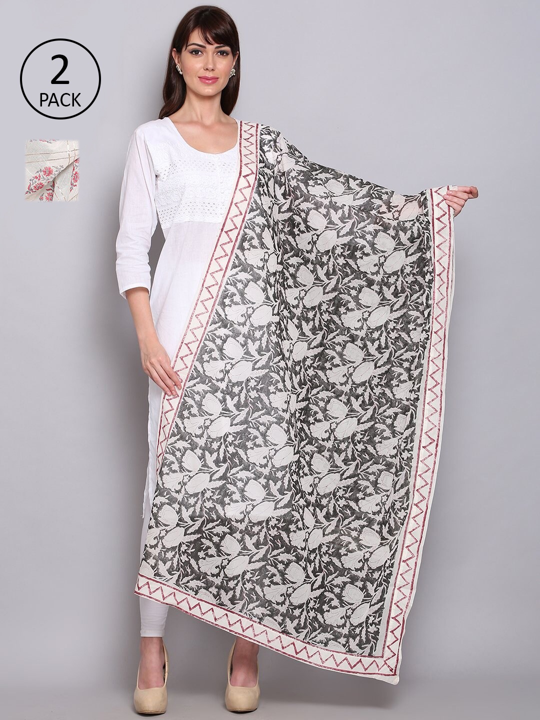 

Miaz Lifestyle Off White & Grey Pack of 2 Ethnic Motifs Block Print Dupatta
