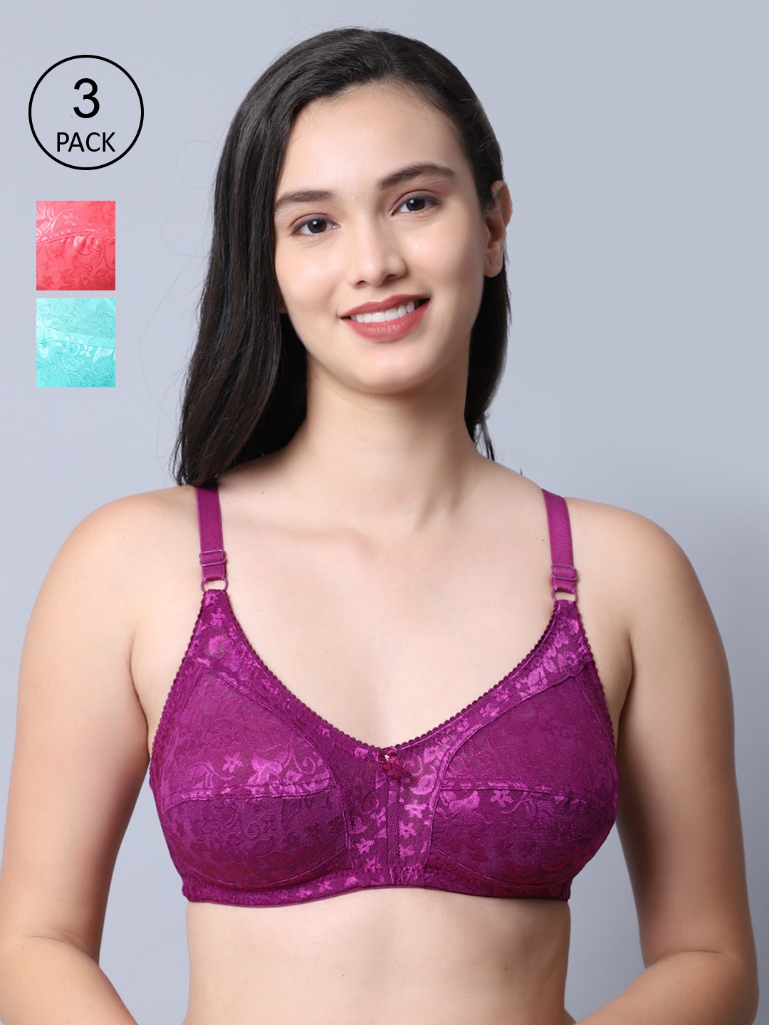 

GRACIT Pack Of 3 Orange, Purple & Blue Self Design Nylon With Net Bra