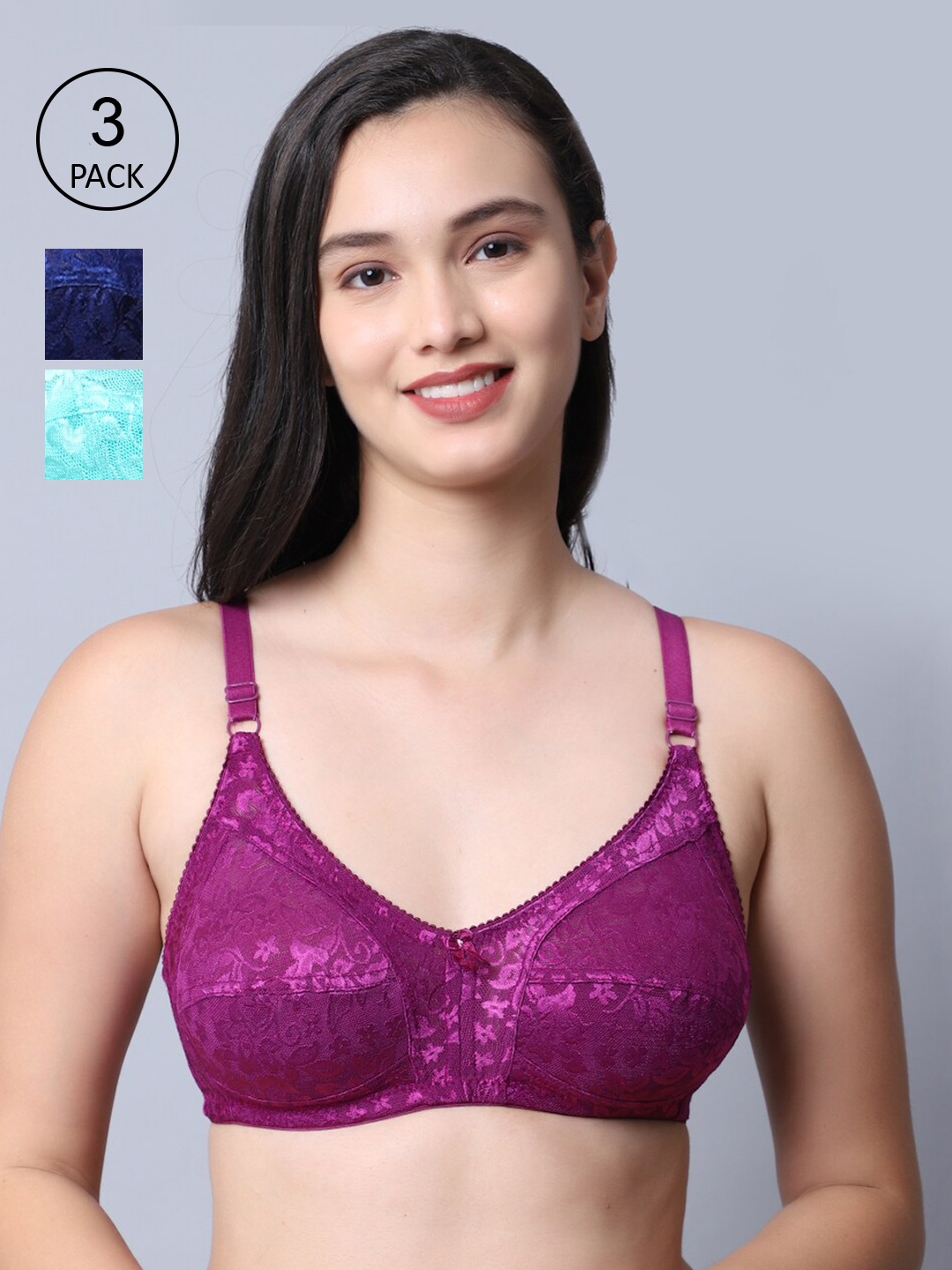 

GRACIT Pack of 3 Balconette Purple & Blue Bra