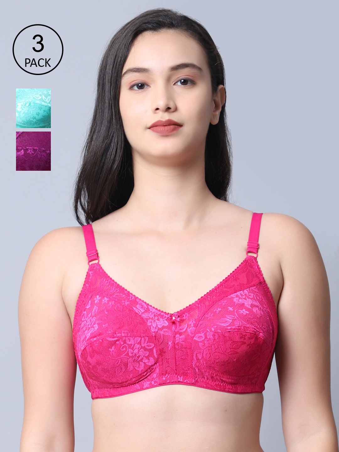

GRACIT Pack Of 3 Pink & Purple Nylon Bra