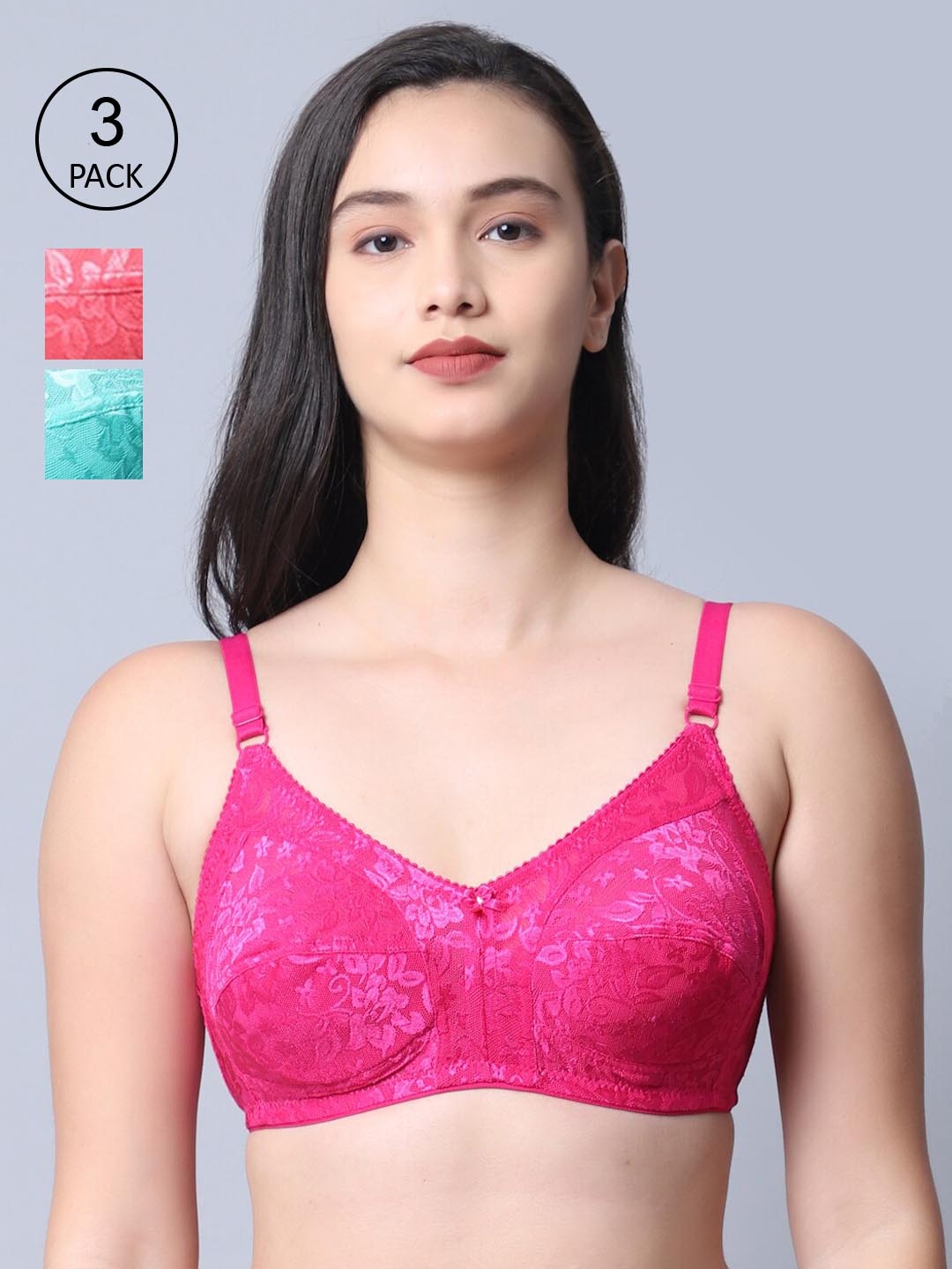 

GRACIT Women Pink & Blue Set Of 3 Self Design Nylon With Net Bra