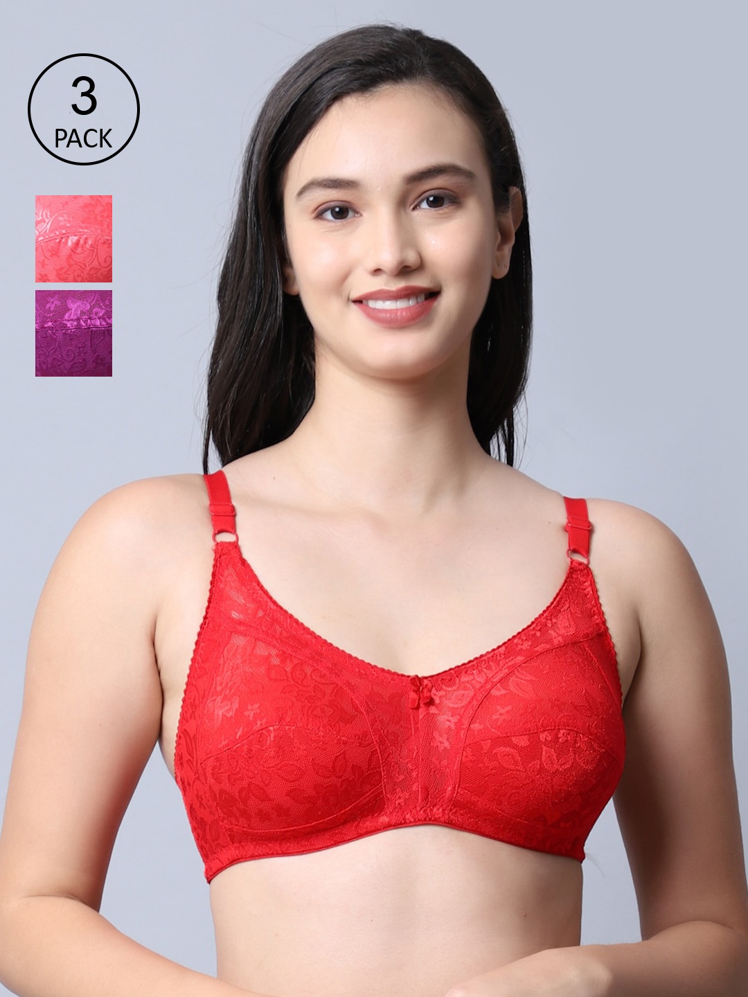 

GRACIT Women Red & Peach Set Of 3 Self Design Nylon With Net Bra