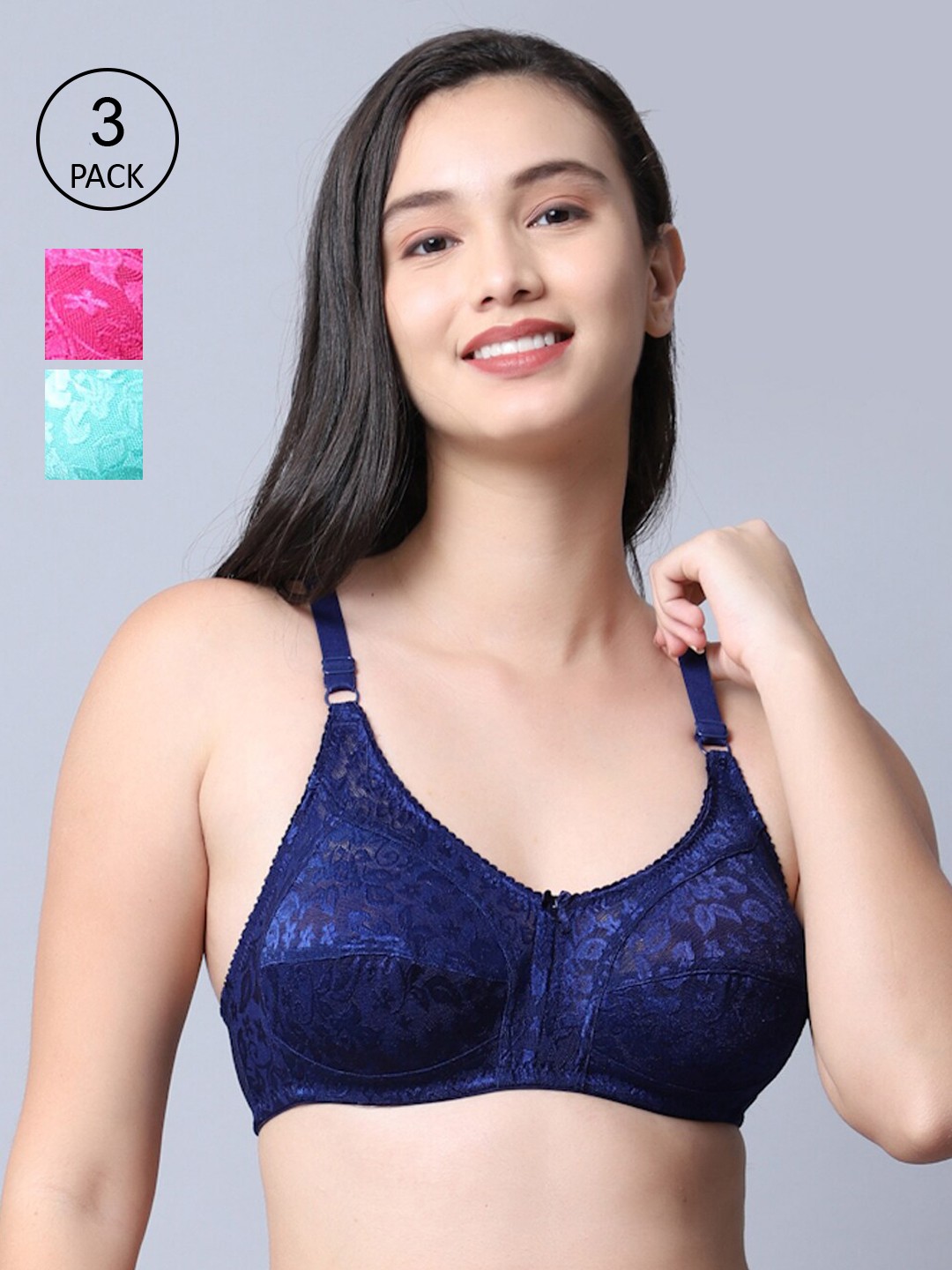 

GRACIT Pink & Blue Pack of 3 Floral Non Padded Everyday Bra