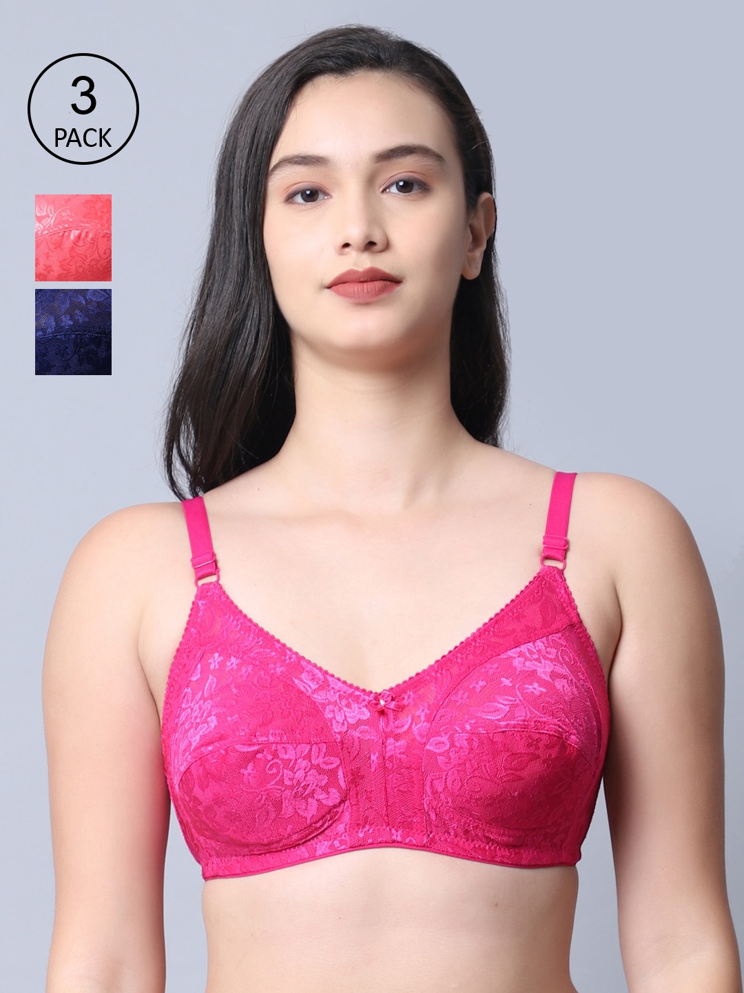 

GRACIT Pack Of 3 Self Design Nylon With Net Bra LB01-07-15-17-30C, Pink