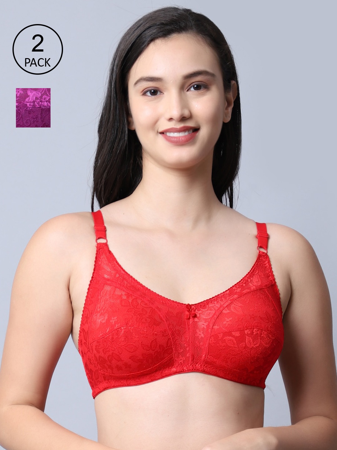 

GRACIT Pack Of 2 Red & Purple Self Design Nylon With Net Bra LB01-03-16-30C
