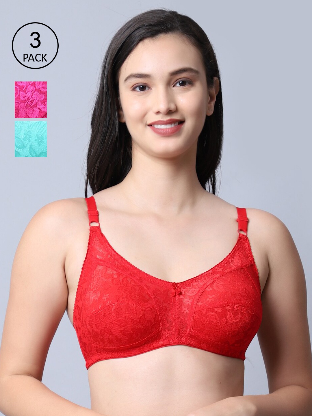 

GRACIT Pack Of 3 Self Design Nylon With Net Non padded Bra, Red